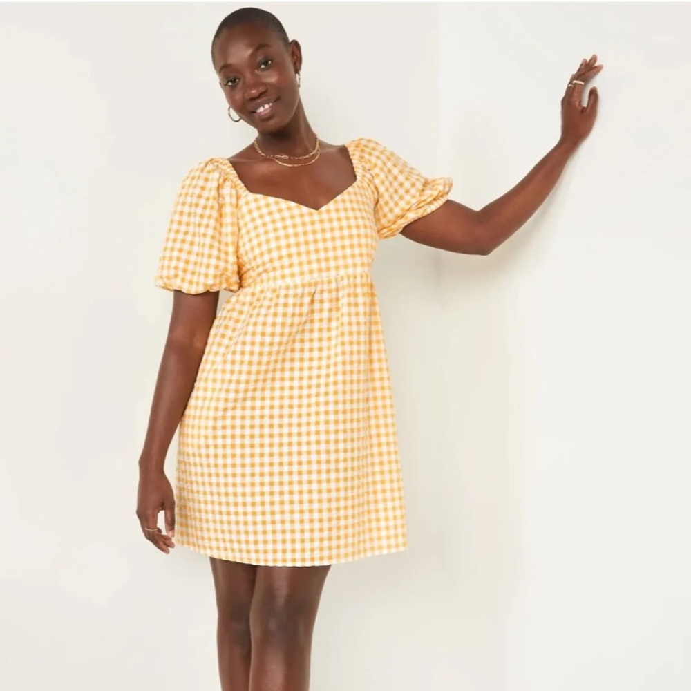 Old Navy Yellow Gingham Seersucker All Day Puff Sleeve Babydoll Dres